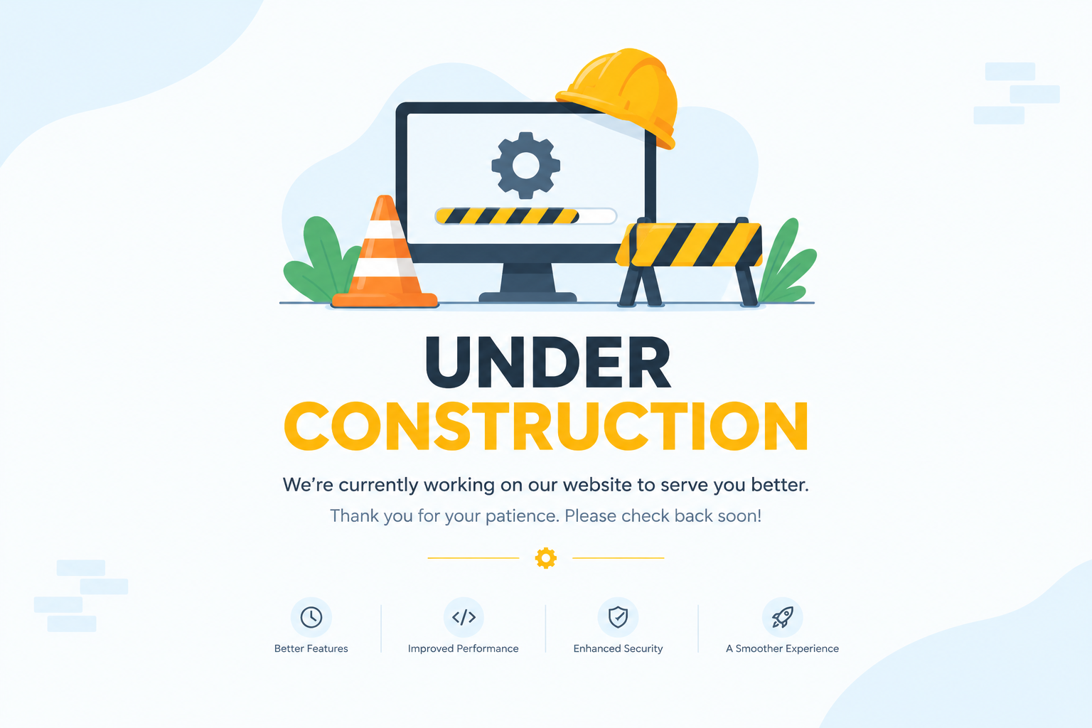 Computer monitor with a gear, hard hat, traffic cone and construction barricade